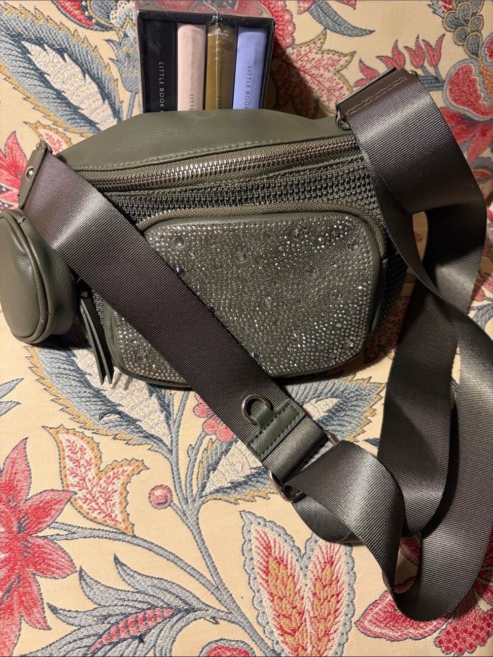 Madden NYC Olive Green Crossbody Bag with Crystal Accent & Detachable Pouch